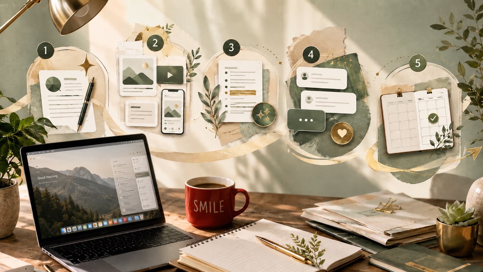 Five ways AI can save your small business time - a collage of five numbered steps above a desk with a laptop, notebook and red SMILE coffee mug