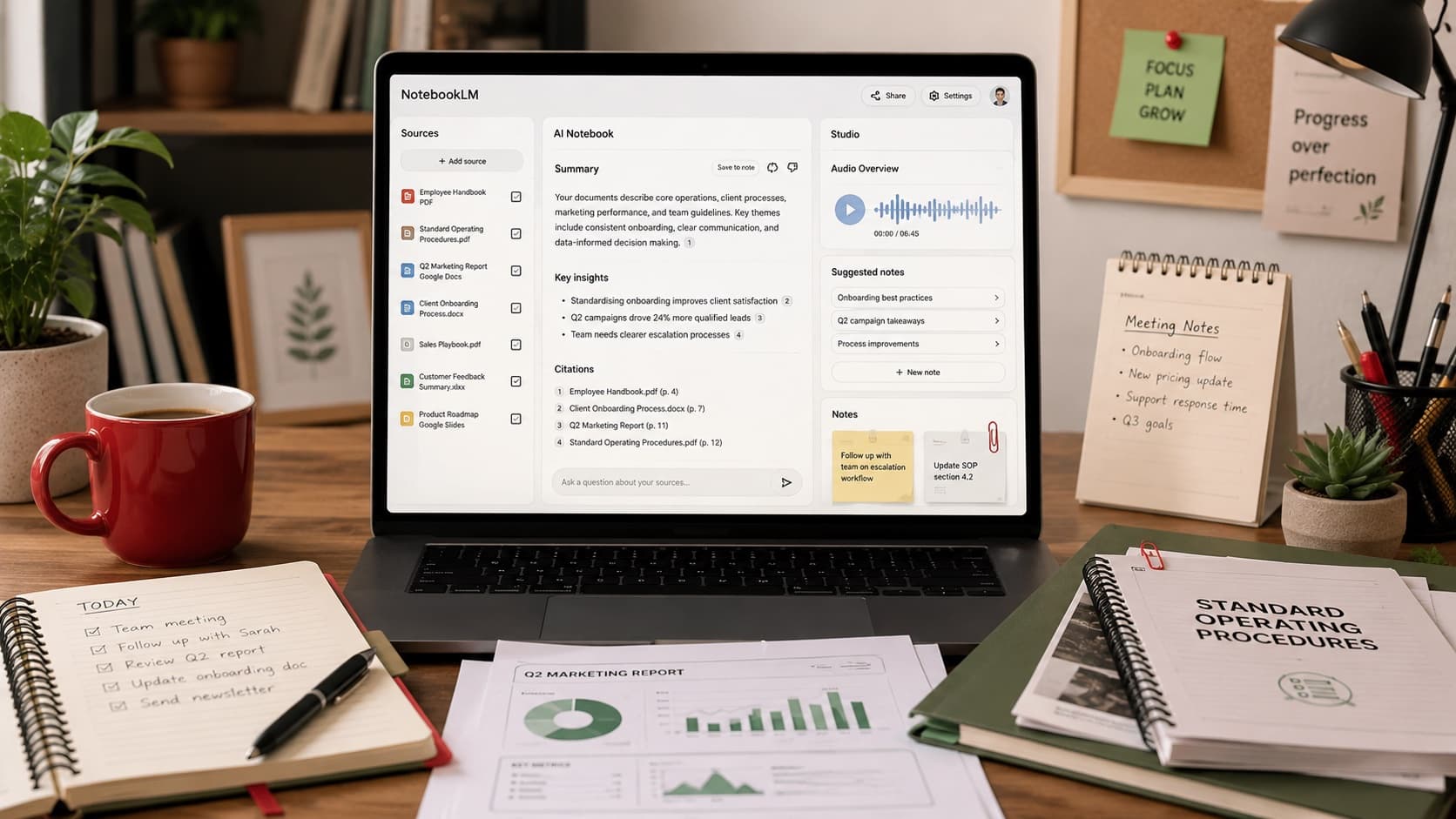 NotebookLM open on a laptop showing sources, a summary with citations and an Audio Overview, on a desk with notebooks and a red coffee mug